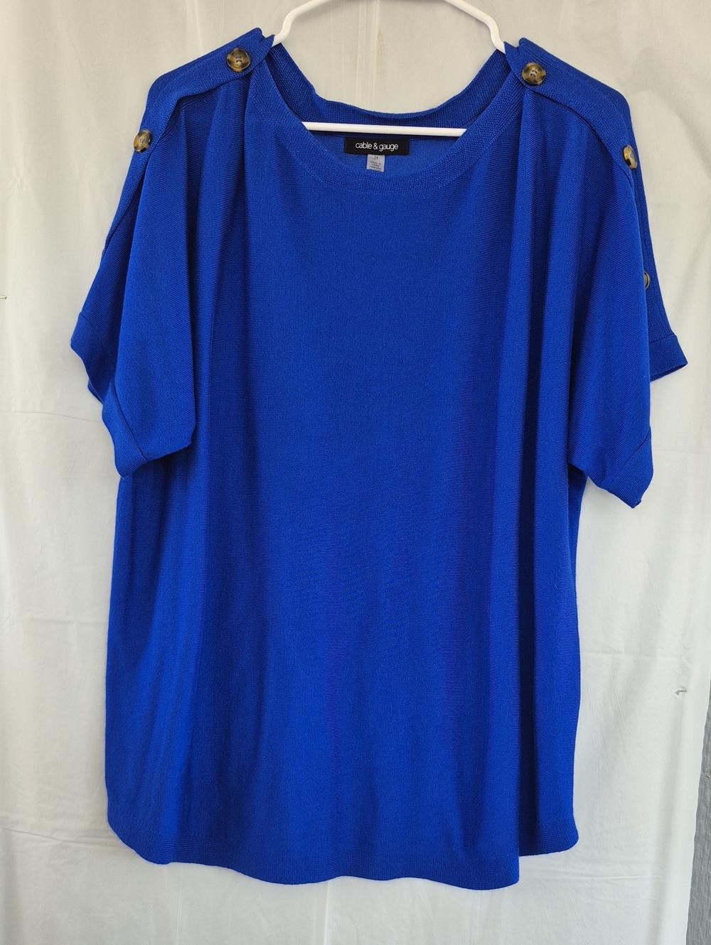 Cable & Gauge Cobalt Blue Short Sleeve Knit Top with Gold Buttons
